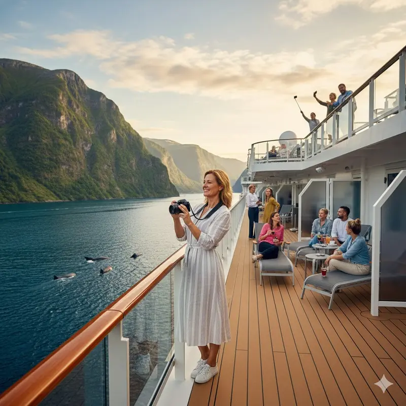 Frau auf dem Sonnendeck einer Kreuzfahrt genießt den Blick aufs Meer