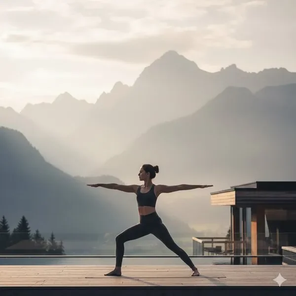 Frau bei einer Yogaübung mit Bergpanorama