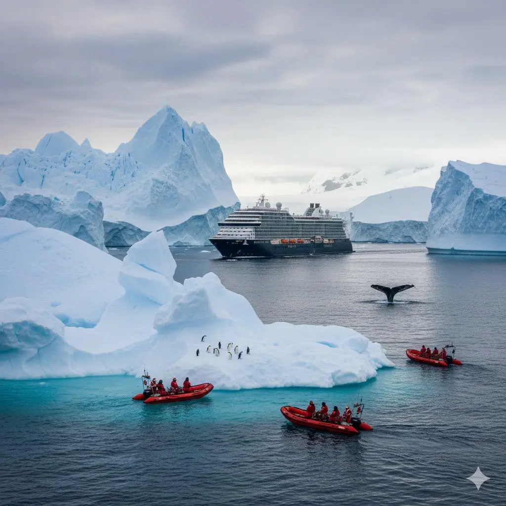 Mehrere Zodiacs zwischen Eisbergen und einem Expeditionsschiff