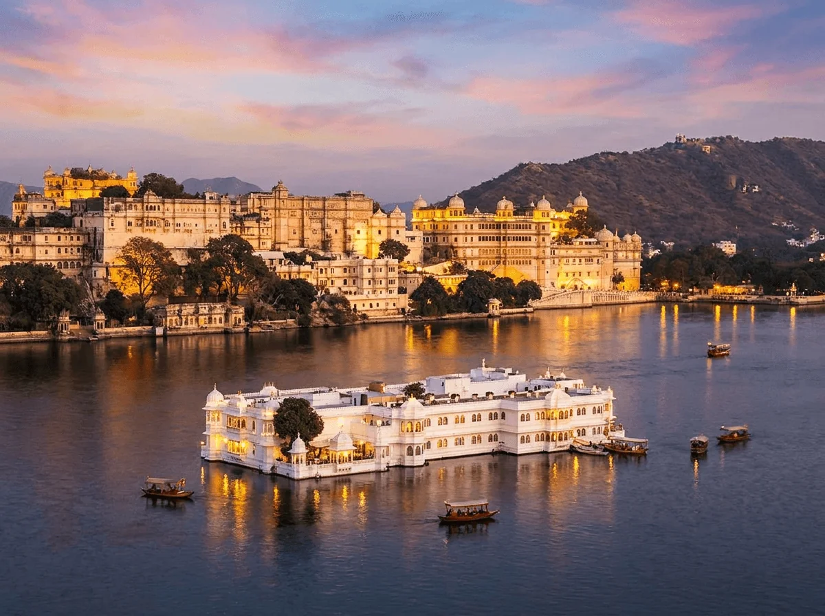 City Palace und Lake Palace von Udaipur im warmen Abendlicht