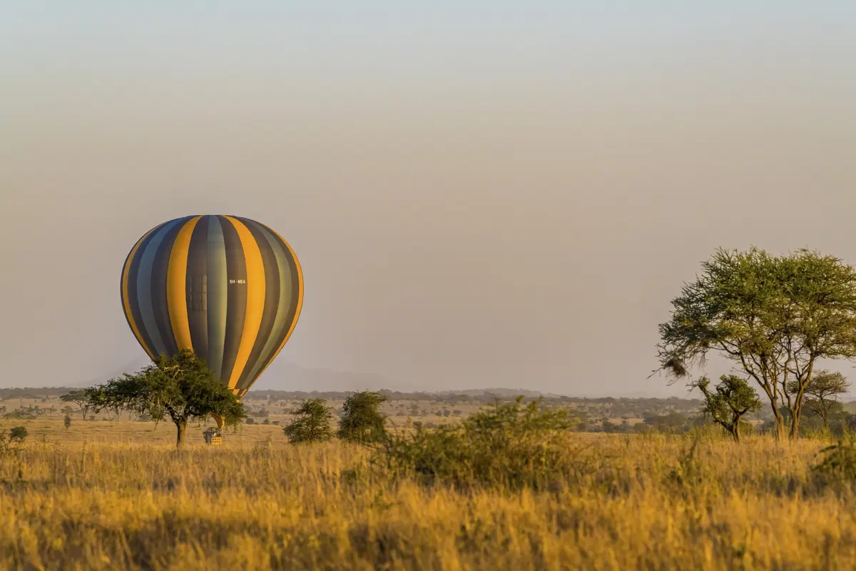 Ballon über der Serengeti bei Sonnenaufgang