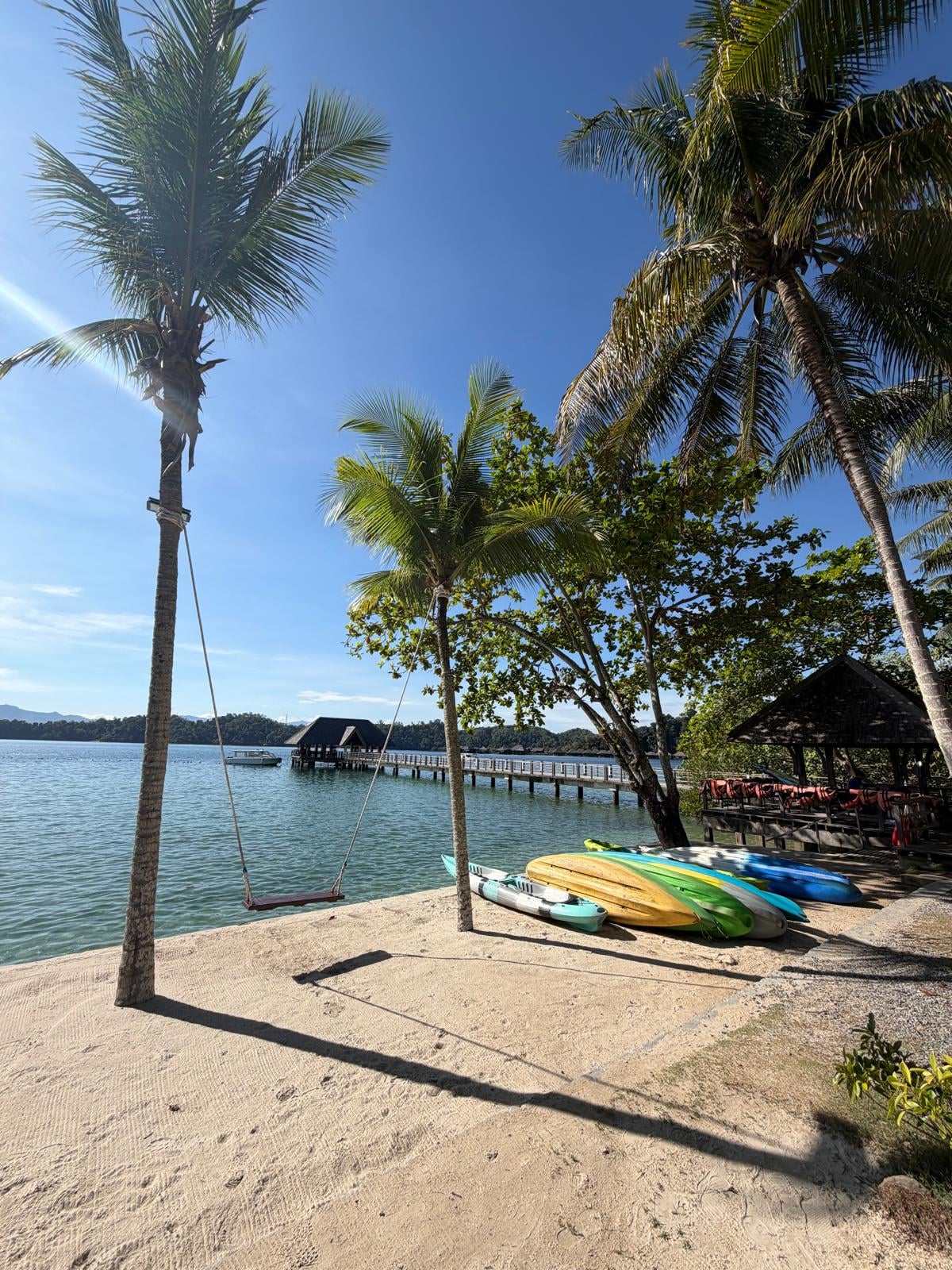 Tropische Insel-Atmosphäre, Strand mit Palmen und Bucht